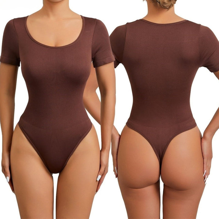 Round Neck Sleeved Thong Bodysuit Tummy Control Gym Shapewear