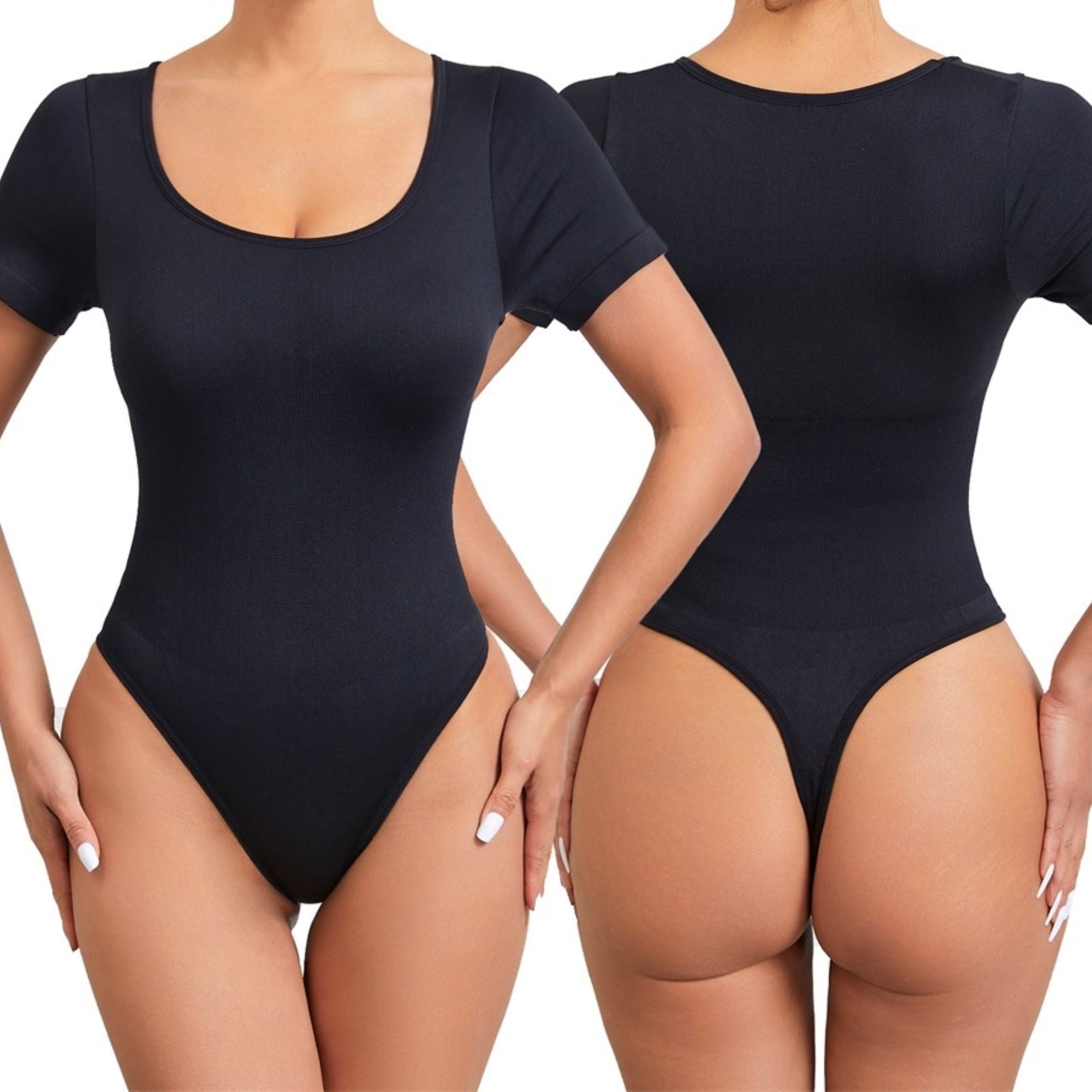 Round Neck Sleeved Thong Bodysuit Tummy Control Gym Shapewear