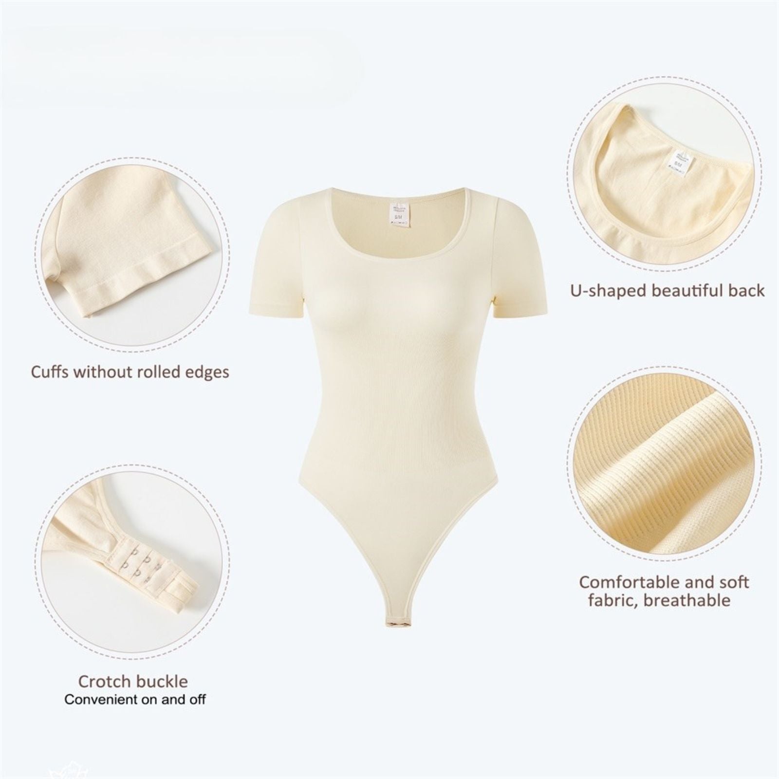 Round Neck Sleeved Thong Bodysuit Tummy Control Gym Shapewear