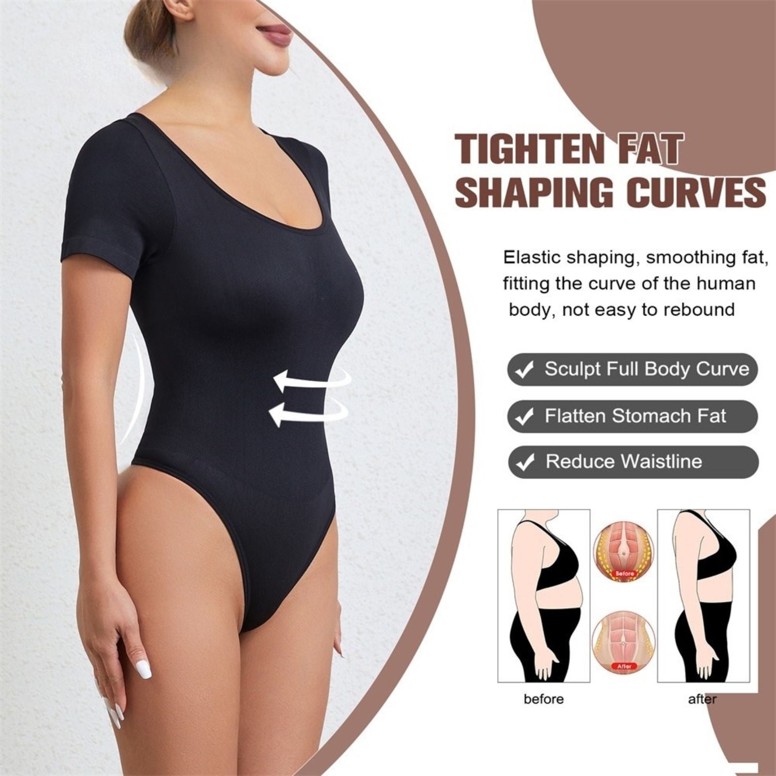 Round Neck Sleeved Thong Bodysuit Tummy Control Gym Shapewear