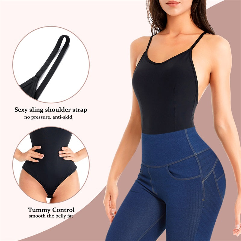 Shoulder Strap Waist Trainer Backless Thong Bodysuit Shapewear for Women