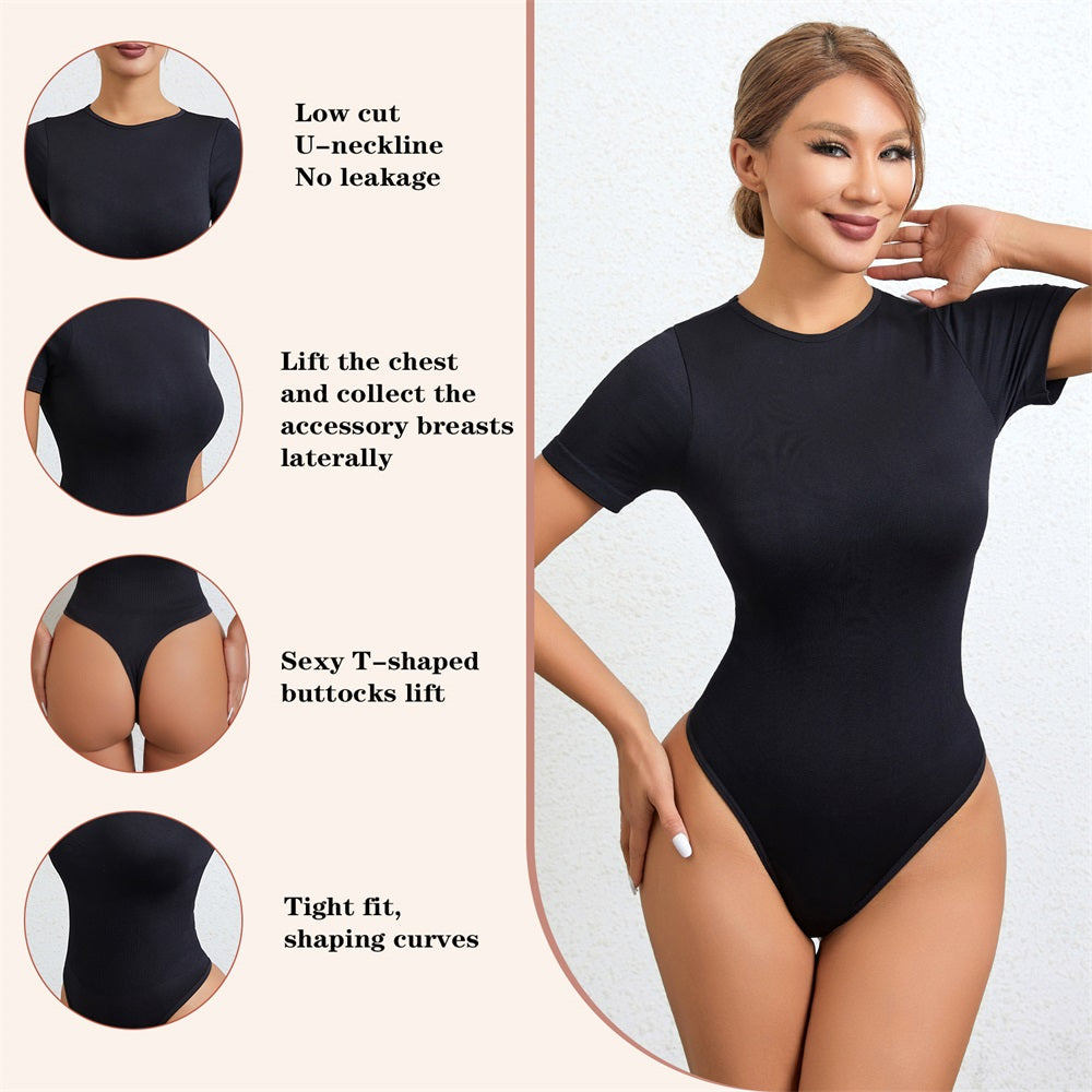 Sleeved Thong Bodysuit Tummy Control Gym Shapewear