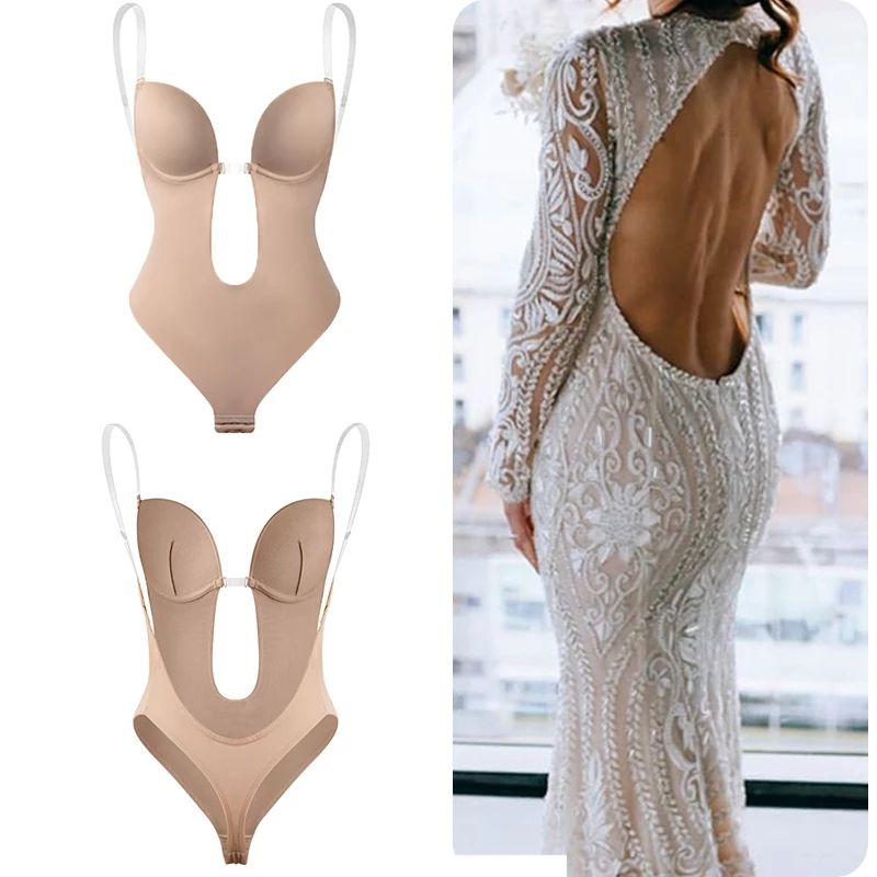 Slim Bodysuit Shapewear Deep V-Neck Padded Bra Push Up Backless