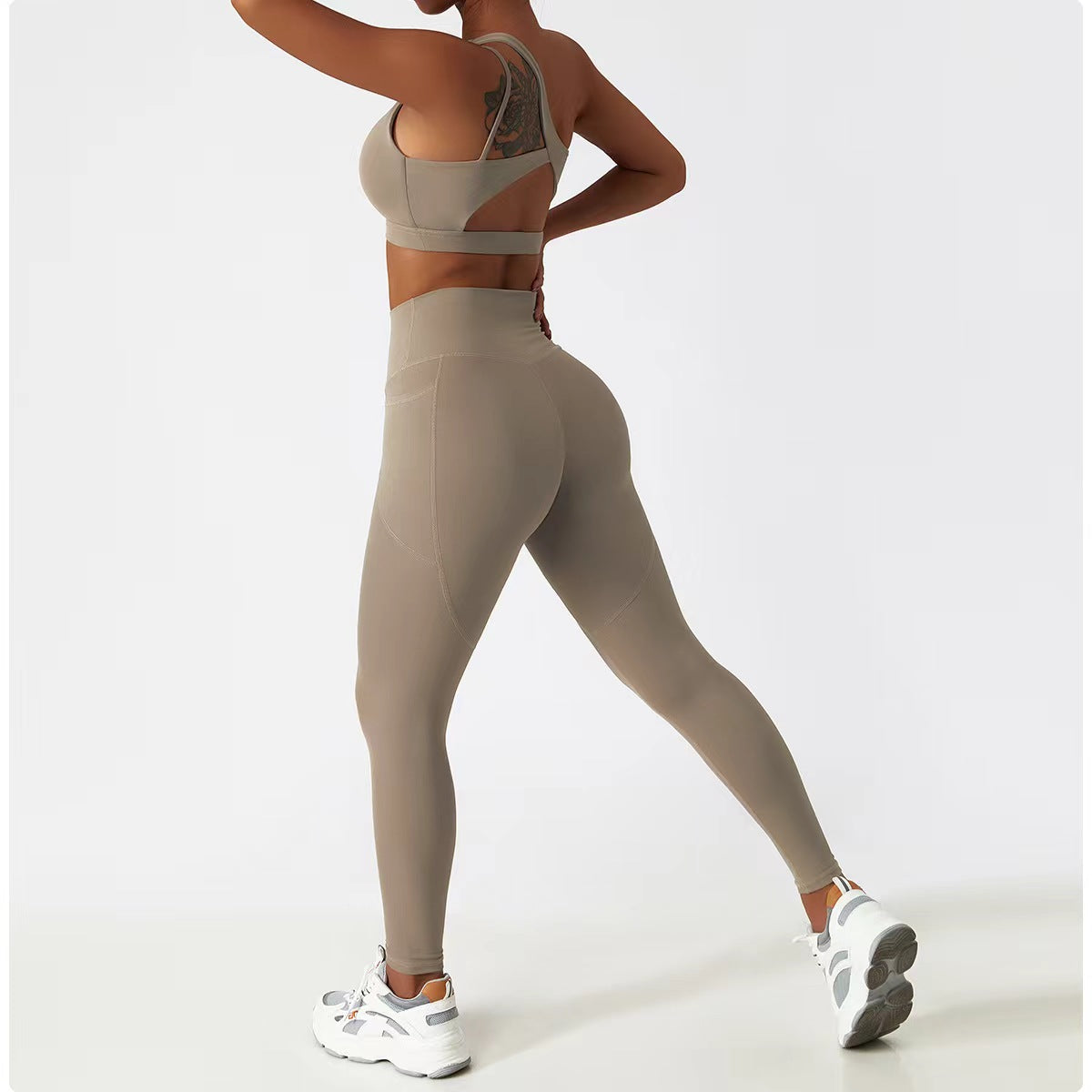 Two Piece One-Shoulder Bra Gym Set Fitness Sports Scrunch Butt Lift Pants